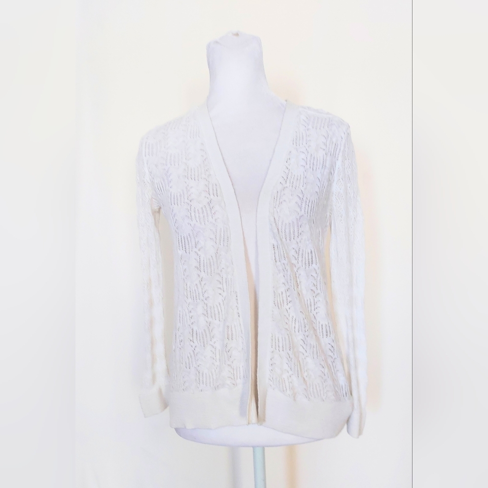 Ann Taylor Loft Rib Trim White Knit Cotton Open Classic Cardigan Sweater Size XS